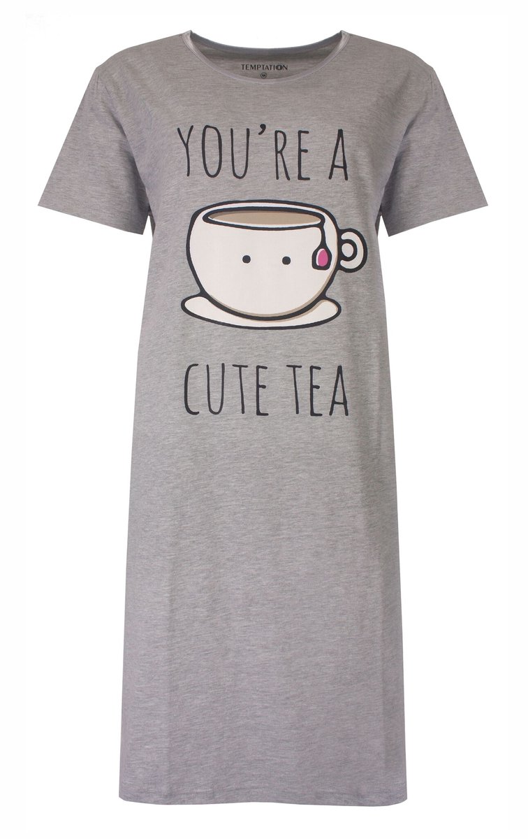 Temptation Dames Bigshirt - Cute Tea Print - Grijs Melange