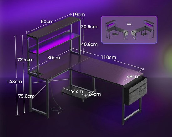 RFWR® Gaming Hoekbureau met Verlichting en Stopcontacten - Draaibaar Bureau voor Spelers van Merkloos — afbeelding 5