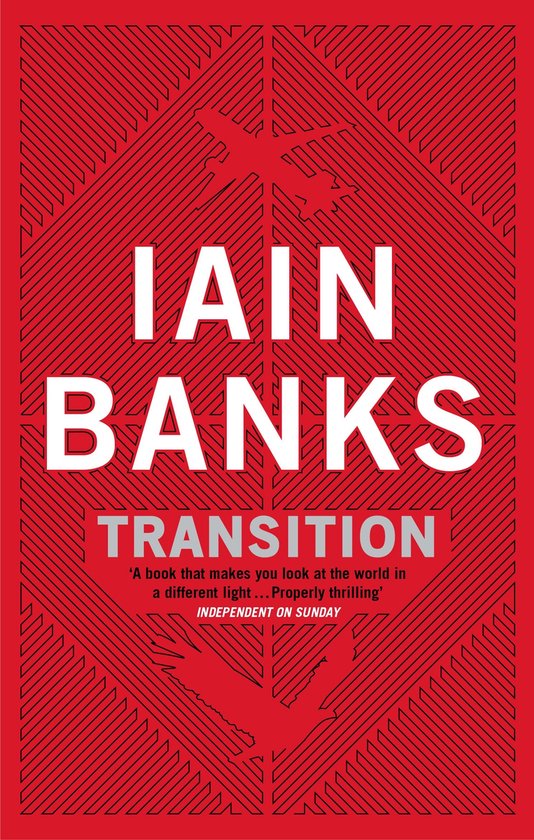 Boekomslag met de titel 'Transition' van Iain Banks, in rode en witte letters, met een abstract patroon.