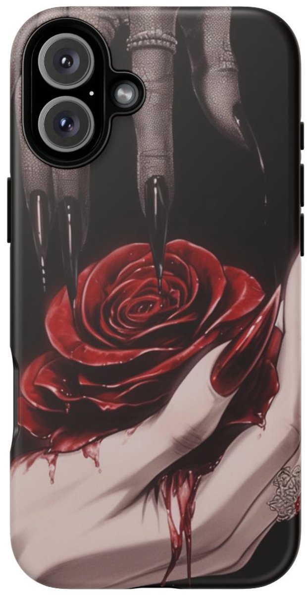 Donkere Gotische Handen met Bloedrode Roos – Telefoonhoesje Geschikt voor iPhone 16 Plus