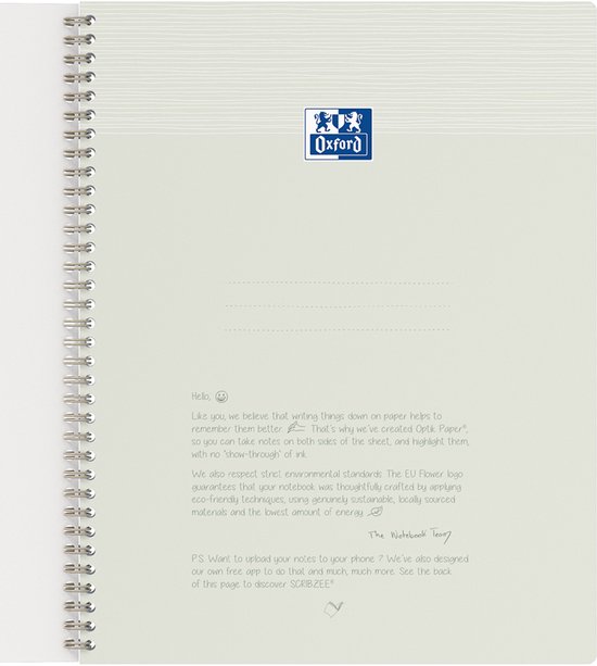 Carnet ouvert A4+ à spirale, page de garde vierge avec des informations sur le papier et l'écolabel UE.