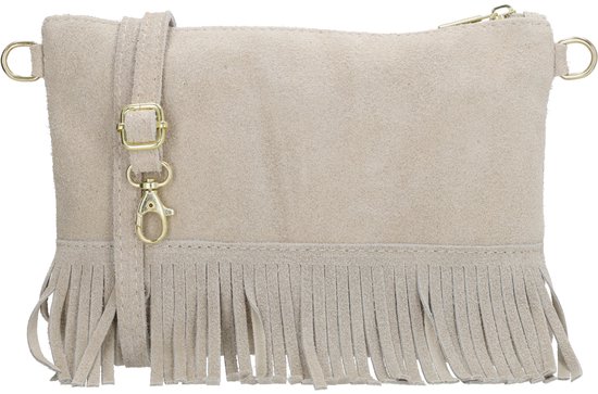 Charm London Elisa Schoudertas - Crossbody - Suede - Franjes - Leer - Leren Dames Tas - Zand