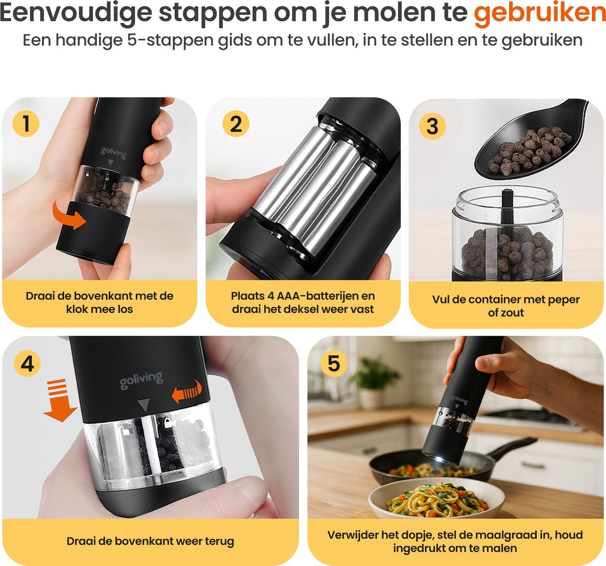 Goliving Elektrische Peper en Zoutmolen Set - LED Licht - Op Batterijen - Pepermolen - Zoutmolen - Peper en Zoutstellen - Kruidenmolen - Zwart — cadeau in Kookcadeaus - foto 3