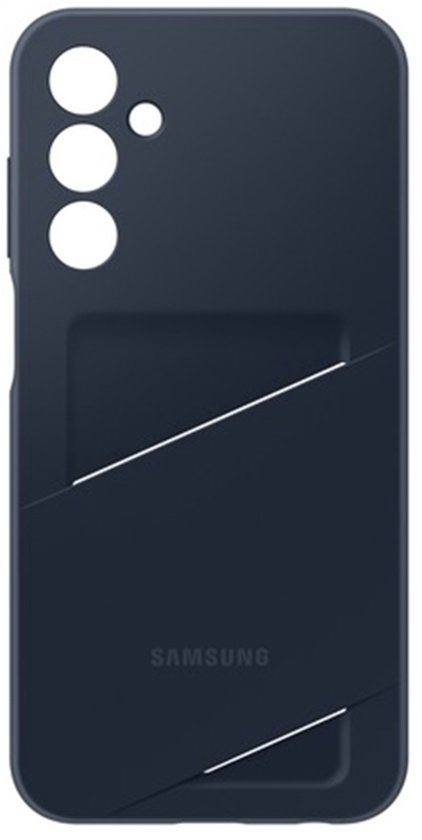 Donkerblauwe telefoonhoes met drie cameralenzen en een diagonaal kaartvak. Samsung logo zichtbaar.