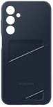 Donkerblauwe telefoonhoes met drie cameralenzen en een diagonaal kaartvak. Samsung logo zichtbaar.