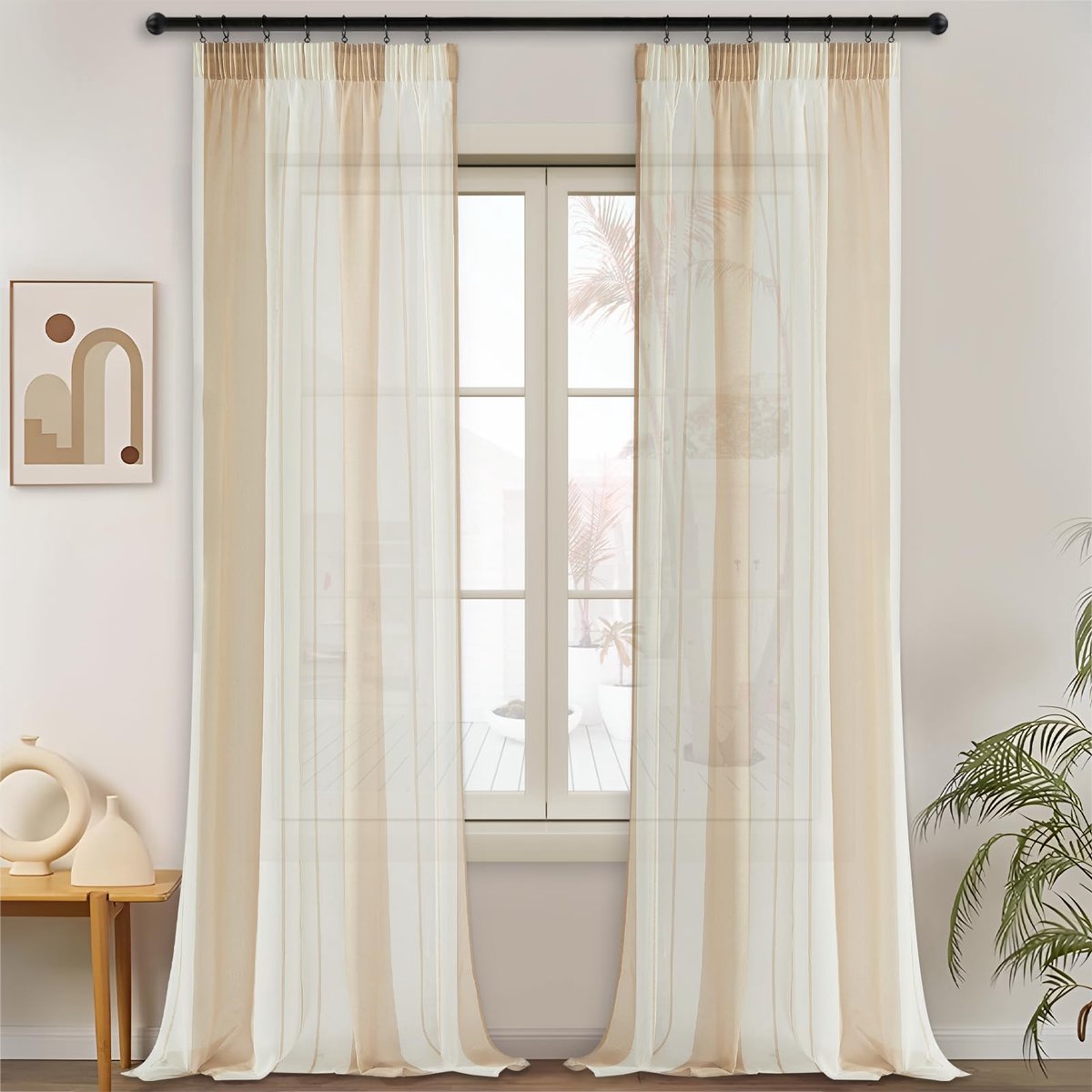 Unyqoos Grote set van semi-transparante gestreepte gordijnen voor veelzijdige interieurdecoratie Beige wit strepen