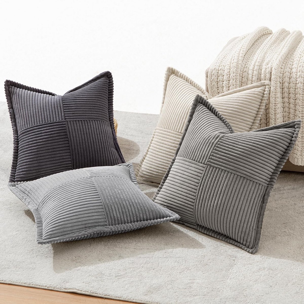 Ibenzoa Cordsfluwelen sierkussenslopen set van vier voor woonkamer en slaapkamer, grijs, 45 x 45 cm Grey series