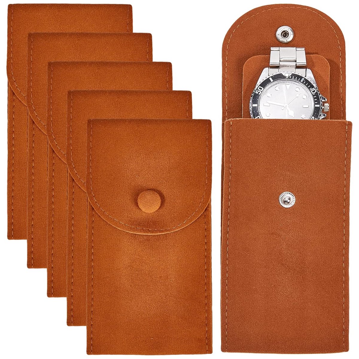 TRANKIELO® - Draagbare Fluwelen Horloge Opbergtassen - Set van 6 - Luxe Sieraden Bewaarzakjes - Sienaerde Kleur - 13 x 6,7 cm