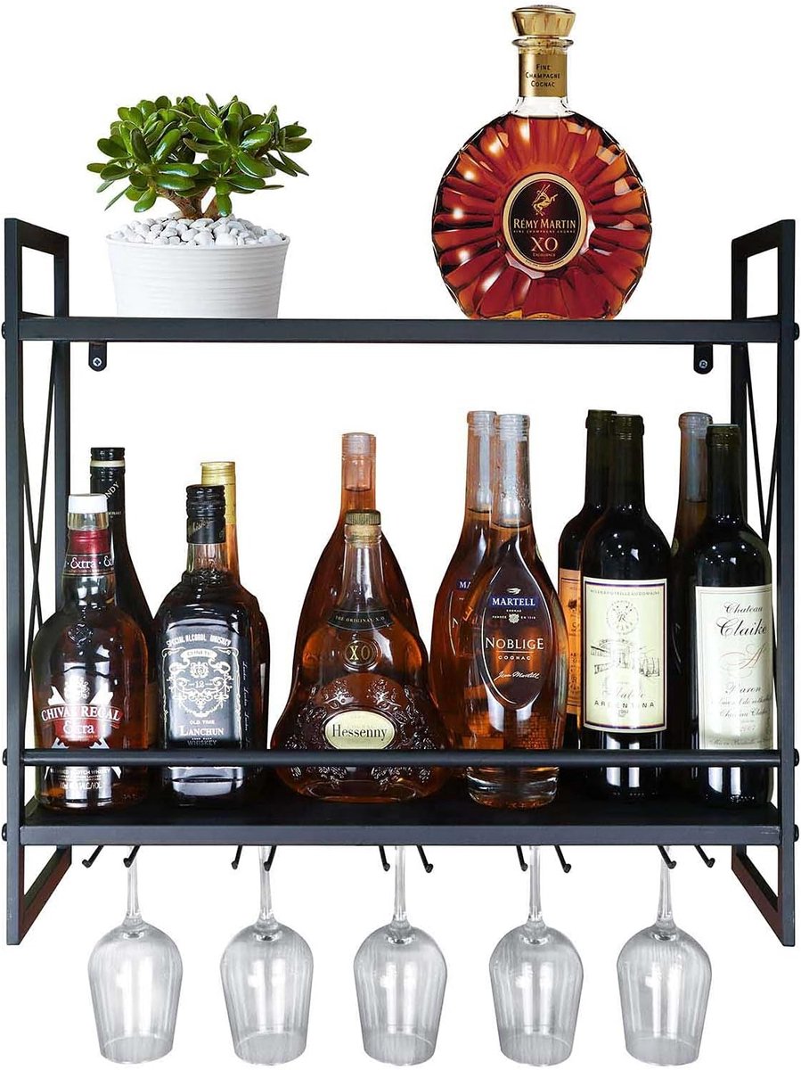Multifunctioneel wandmontage wijnrek - zwart metaal - 61 cm - glazen plank