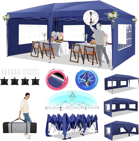 SANHENG Pop Up Gazebo, Pop Up Tent met Gewichten, Volledig Waterdicht, All Weather Gazebo ideaal voor Outdoor Party Camping (2x2m, Blauw SANHENG Pop Up Gazebo, Pop Up Tent met Gewichten, Volledig Waterdicht, All Weather Gazebo ideaal voor Outdoor Party Camping (2x2m, Blauw
