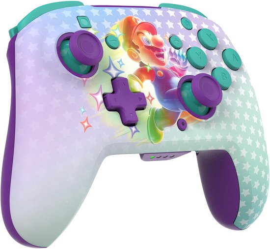 Controller met Mario-opdruk, paarse en turquoise knoppen en sterrenpatroon.