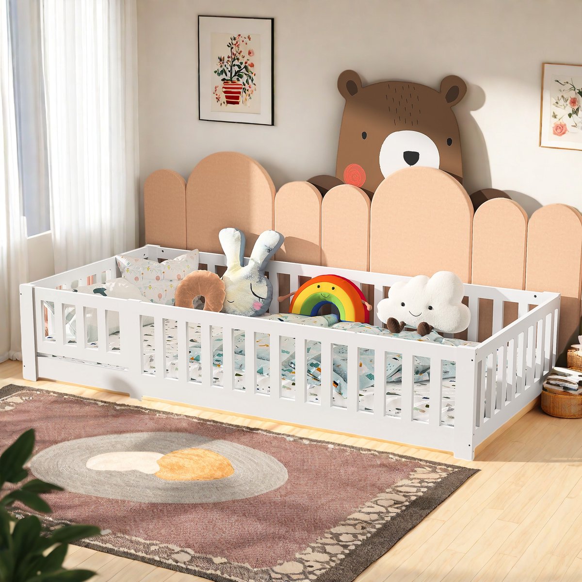 ROSAHQNDA Montessori vloerbed voor jongens en meisjes Kinderbed met valbeveiliging, 90x200cm massief grenen, Eenpersoonsbedframe voor kinderen,wit