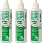 Drie witte flessen met "eye fresh All-in-one" logo, voor harde contactlenzen.