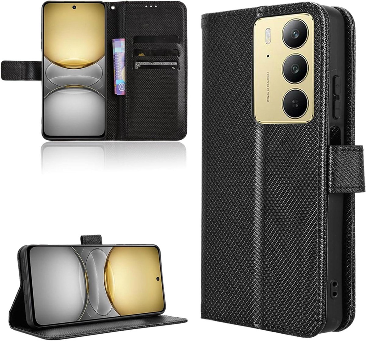 Premium Magnetische Portemonnee Flip Case Beschermhoes voor Realme C75 - Zwart - Koolstofvezel - Luxe Hoesje