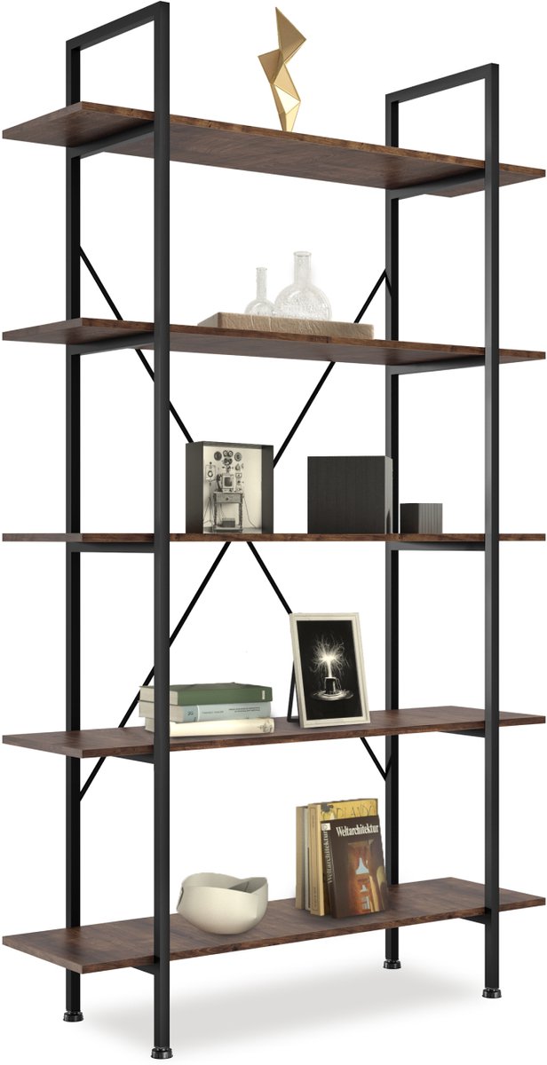 tectake® Boekenkast met 5 Planken - Rek voor Boeken, Ornamenten, Bloemen, CD's, Foto's - Vintage Ontwerp van Hout en Metaal - Donkerbruin - 106 x 34,5 x 179,5 cm