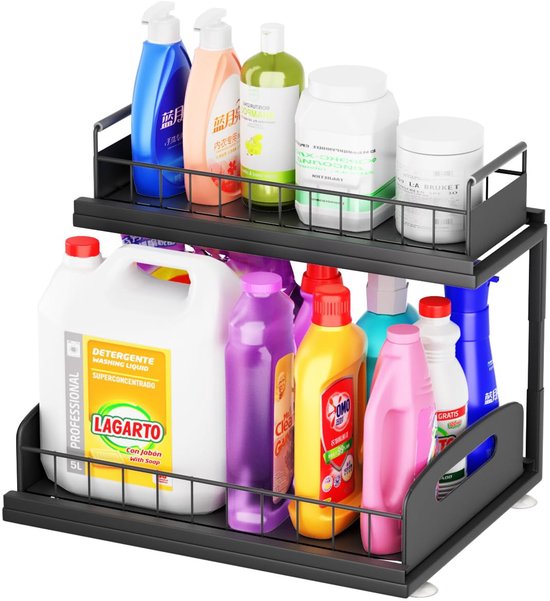 Gioma Ladekast, Hoogwaardige Organizer Met 2 Etages En Mand Uittrekbaar Voor Keukenkast Of Werkblad Keukenrek Van Gepoedercoat Metaal 35 X 33 5 X 18 5 Cm Zilver Mat
