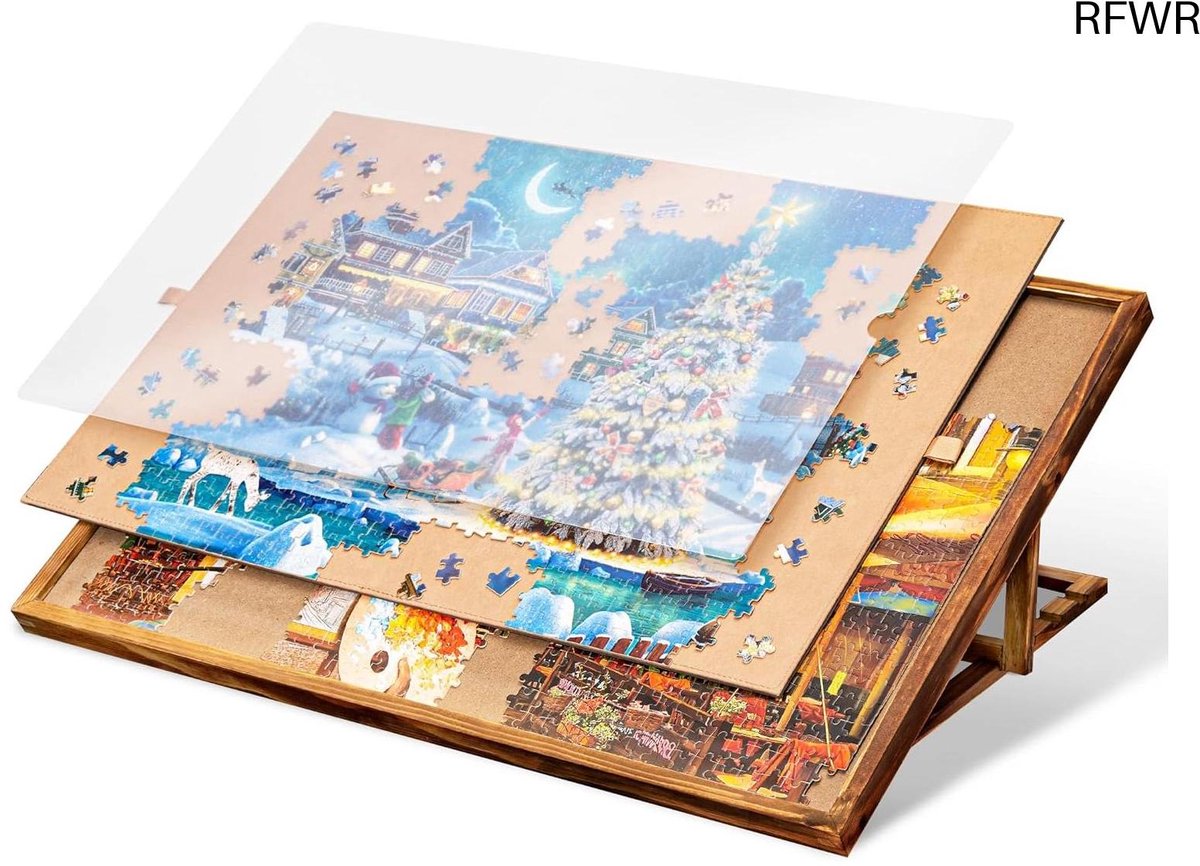 RFWR® Kantelbaar Puzzelbord met 3 Hoekaanpassingen en Afdekking - Dubbelzijdige Houten Puzzeltafel voor 1000 Stukjes