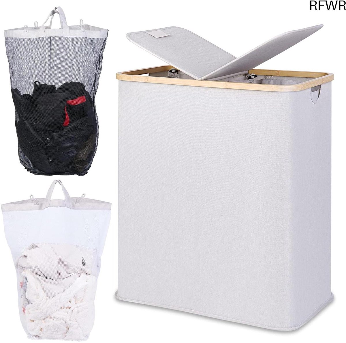 RFWR® Wasmand met Deksel en 2 Compartimenten - 140 Liter Wasopslag voor Kleding