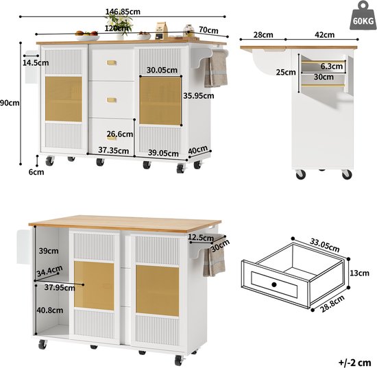 Îlot de cuisine, meuble de cuisine, meuble de cuisine, îlot de cuisine indépendant, buffet, 120 x 73 (45) x 93 cm, desserte de cuisine extensible avec roulettes, porte-serviettes, étagère à épices, étagères réglables, blanc