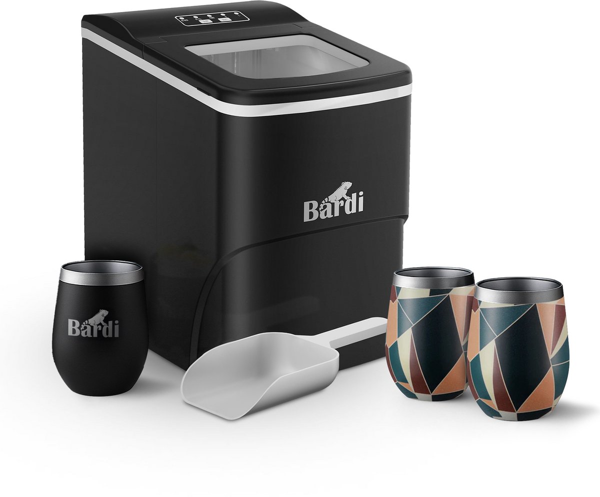 Bardi IJsblokjesmachine Set - 2 Liter Zwart - 12KG IJsblokjes in 24 uur - met IJsschep - Inclusief 3 Luxe Thermosbekers en Ijsschep - Abstract Colours