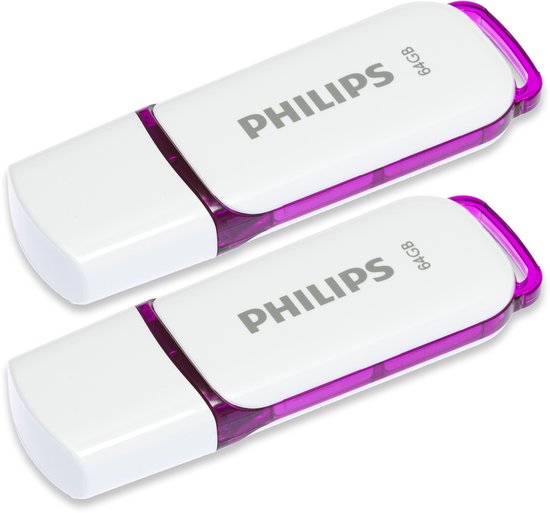 Twee witte Philips 64GB USB-sticks met paarse accenten, schuin van voren gefotografeerd.