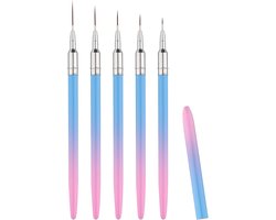 5 Stuks Nail Art Liner Brushes - 7/9/11/15/20mm Fine Nail Painting Brushes - Roze naar Blauw Verloop Nagelkunstborstelset met Metalen Handvat en Nylon Borstelharen voor DIY Design en Creatieve Nagelkunst