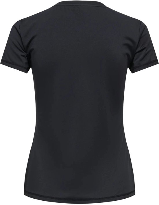 Zwart dames t-shirt, achterkant. Korte mouwen en ronde hals.