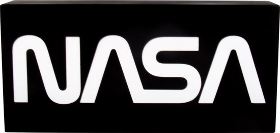 Lampe logo NASA noire avec lettres blanches, sur fond blanc.
