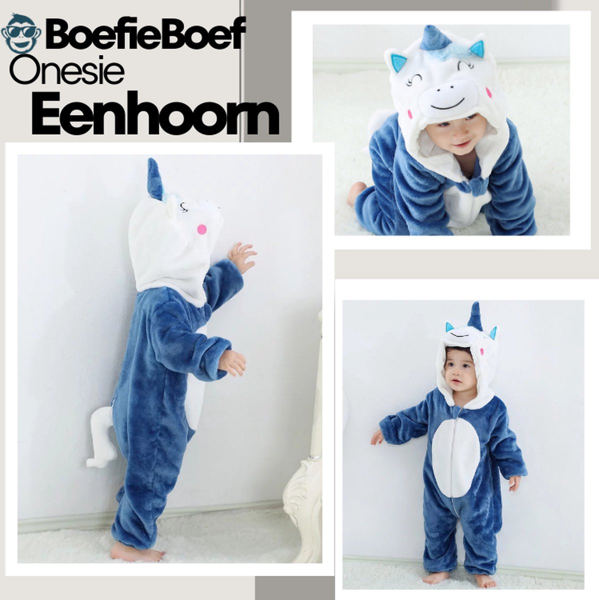 BoefieBoef Dieren Onesie Pyjama Kinderen 6m-2jr – Eenhoorn Blauw – Verkleedkleding met Luierrits – Carnaval Dierenpak - Kerst en Kraamcadeau - Zacht Flanel - Romper - Boxpak - Jongens - Meisjes — afbeelding 10