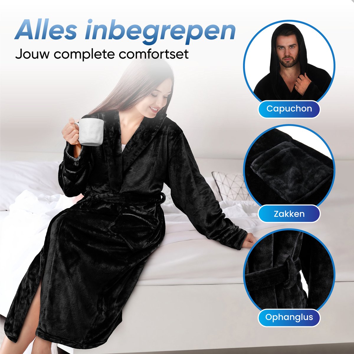 HGMD Badjas met Capuchon - Zwart - XL/XXL - Unisex - Badjas dames - Badjas heren - Wasmachine bestendig — afbeelding 7