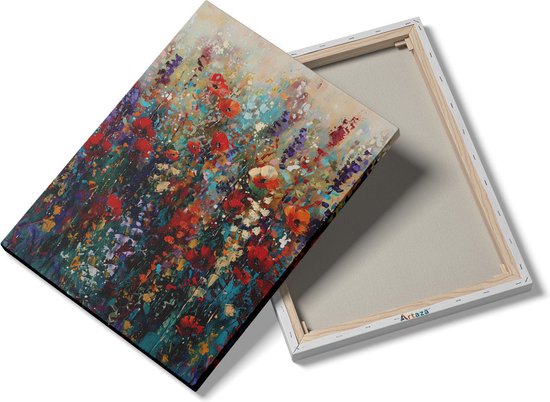 Une peinture sur toile de fleurs rouges et violettes, le dos est visible.