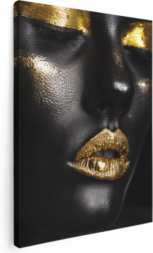 Artaza Canvas Schilderij Vrouw met Gouden Lippen en een Zwarte Achtergrond - 60x80 - Muurdecoratie - Foto Op Canvas - Canvas Print