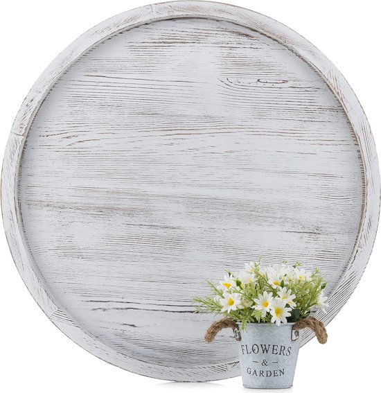 Decoratief dienblad groot: houten dienblad rond extra groot rustiek wit hout decoratief dienblad serveerplaten XXL landhuis voor poef woonkamer keuken 60 cm
