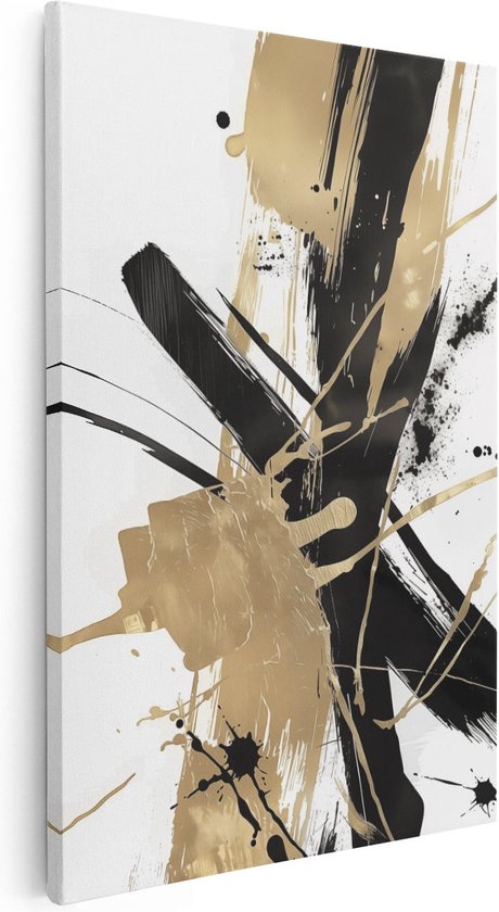 Artaza Canvas Schilderij Abstract Kunstwerk met Zwarte en Gouden Verfspatten - 80x120 - Groot - Foto Op Canvas - Canvas Print