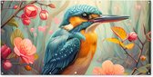 Tuinposter 200x100 cm - Tuindecoratie IJsvogel - Bloesem - Natuur - Vogels - Bloemen - Poster voor in de tuin - Buiten decoratie - Schutting tuinschilderij - Tuindoek muurdecoratie - Wanddecoratie balkondoek