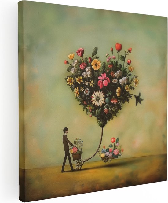 Artaza Canvas Schilderij Man die een Kar Vol Bloemen Voortduwt - 40x40 - Klein - Foto Op Canvas - Canvas Print