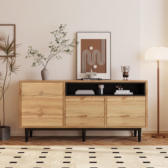 Sweiko Modern houten dressoir met drie deuren en planken, 160 x 35 x 76 cm, Eenvoudige installatie, ruimtebesparend ontwerp, robuust en betrouwbaar