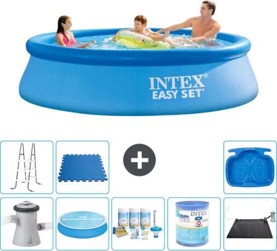 Piscine Opblaasbaar Ronde Intex Easy Set - 305 x 76 cm - Blauw - Avec Pompe Couverture Solaire - Kit d'Entretien - Filtre - Tapis Solar - Ladder - Bain de Pieds - Carrelages de sol de Sol