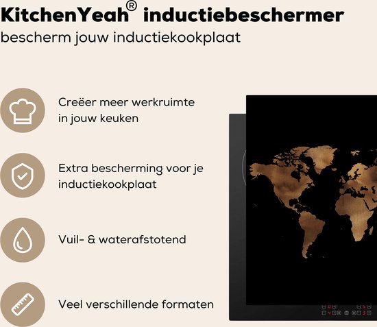 Zwarte inductiebeschermer met bronzen wereldkaartprint. Beschermt de inductiekookplaat en is vuil- & waterafstotend.