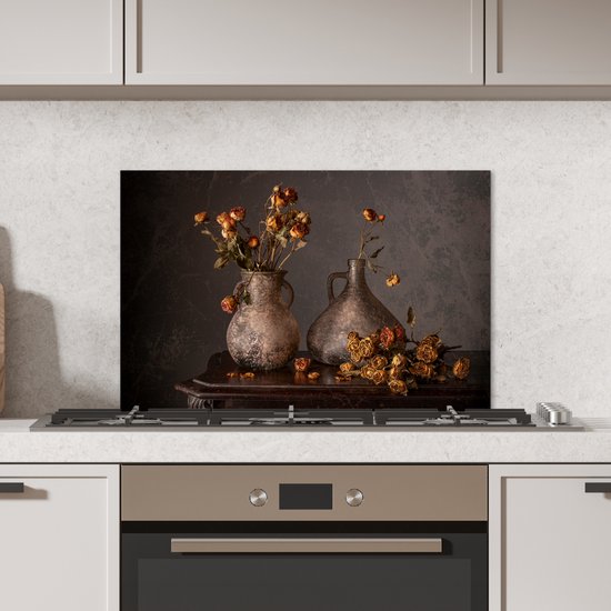 Spatscherm keuken 60x40 cm - Kookplaat achterwand Stilleven - Bloemen - Vaas - Donker - Muurbeschermer - Spatwand fornuis - Hoogwaardig aluminium