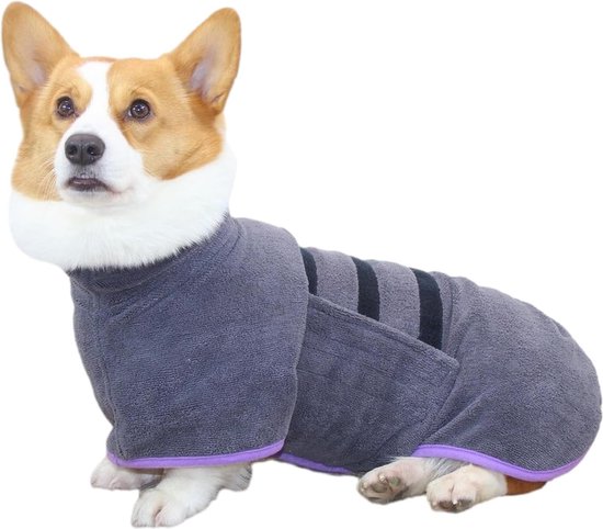 Hondenbadjas - Maat M - Grijs & Paars - Badjas Voor Honden - Honden Badjas