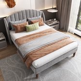 Sweiko Gestoffeerd bed 160*200 met lattenbod en hoofdeinde, jeugdbed, voor volwassenen, tieners, houten lattensteun, Gemakkelijke montage, fluweel, grijs