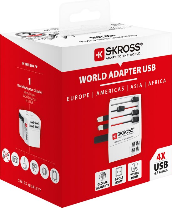 Verpakking van de Skross wereldstekker en USB-oplader, met afbeeldingen van de adapter en stekkers.