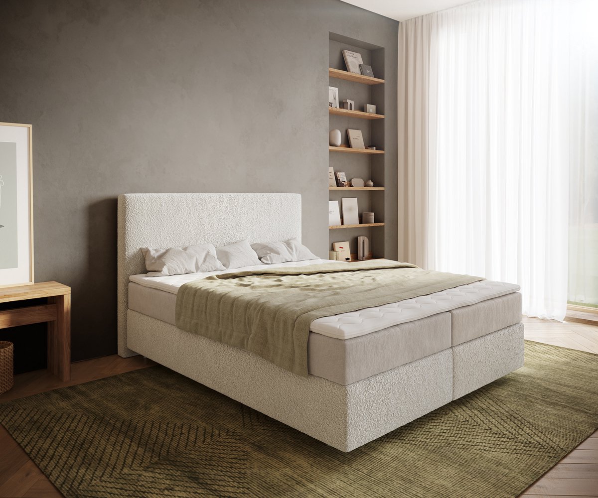 Boxspringbed Dream-Well Bouclé Crème-Wit 160x200 cm met Pocketveringmatras en Topper Visco
