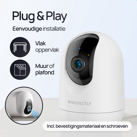 Witte beveiligingscamera kan op een tafel, muur of plafond worden gemonteerd. Tekst: Plug & Play, Eenvoudige installatie.