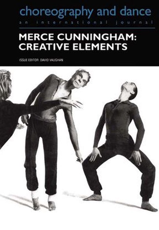 Drie dansers in het zwart in een zwart-wit foto, met de titel "Merce Cunningham: Creative Elements" van het tijdschrift "Choreography and Dance".