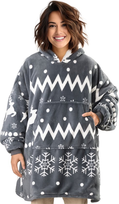 Homelevel unisex hoodie deken - XL - Zachte fleece - Voor volwassenen - Voor man en vrouw - Met zakken en capuchon - Donkergrijs met witte print