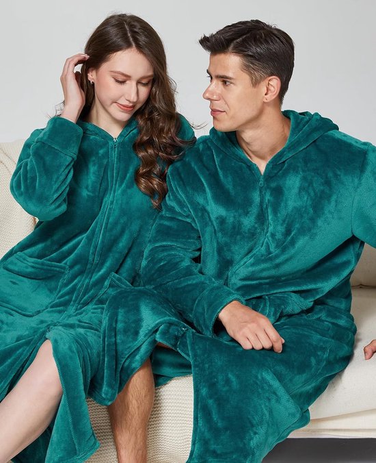 Unisex lange badjas met ritssluiting en capuchon dames heren ochtendjas pluizig premium luxe microvezel flanel nachtkleding maat M-3X