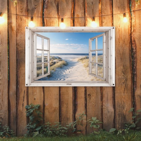 Tuindecoratie doorkijk - Strand - Zee - 120x80 cm - Tuin - Schutting decoratie - Tuinposter - Schuttingdoek - Buitenposter - Tuinversiering - Balkon decoratie - Tuinschilderij