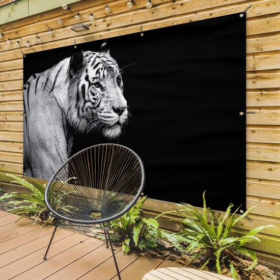 Tigre blanc de Sibérie sur fond noir affiche de jardin toile en vrac 180x120 cm - Toile de jardin / Toile d'extérieur / Peintures d'extérieur (décoration de jardin) XXL / Groot format!